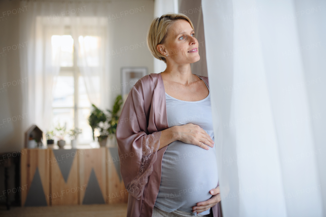 Pregnant woman stroking her belly and looking out of the window.