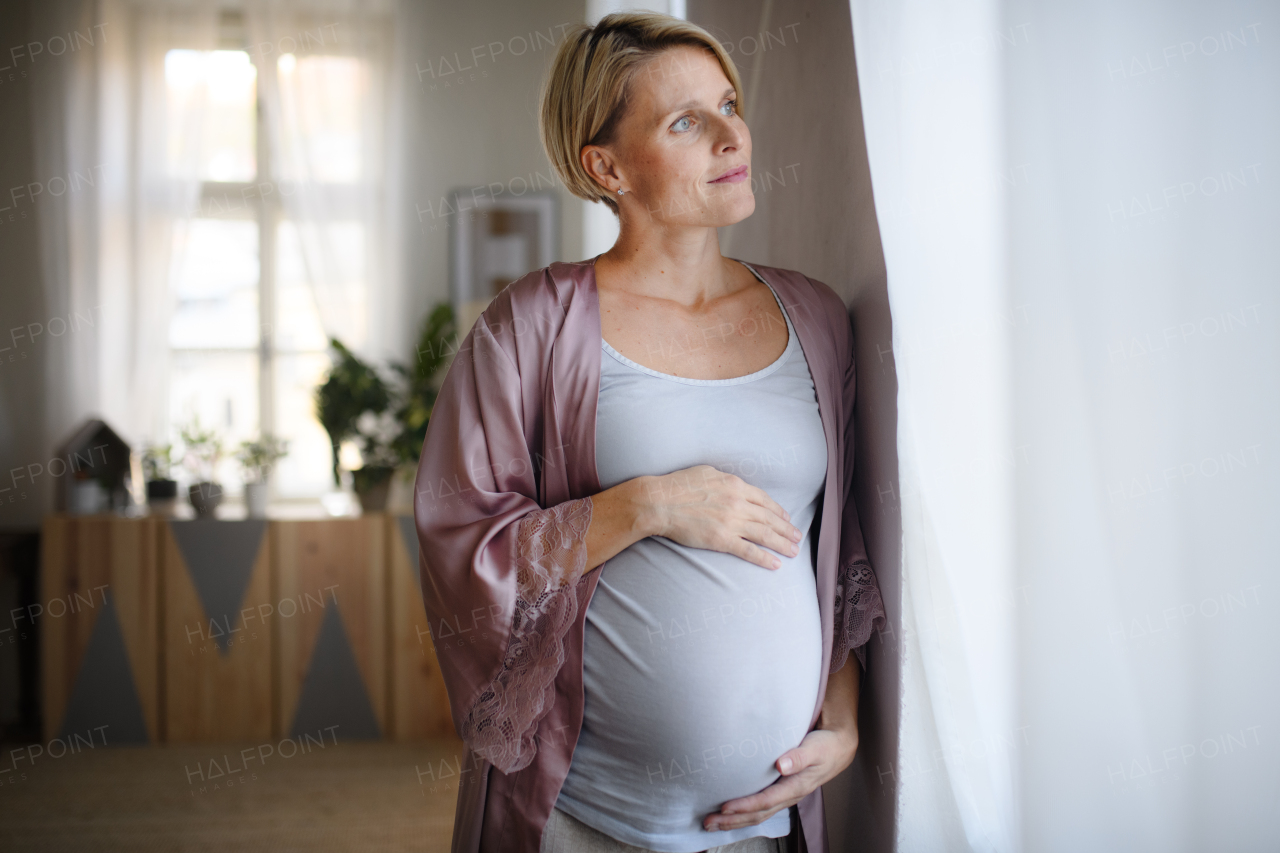 Happy pregnant woman stroking her belly at home.