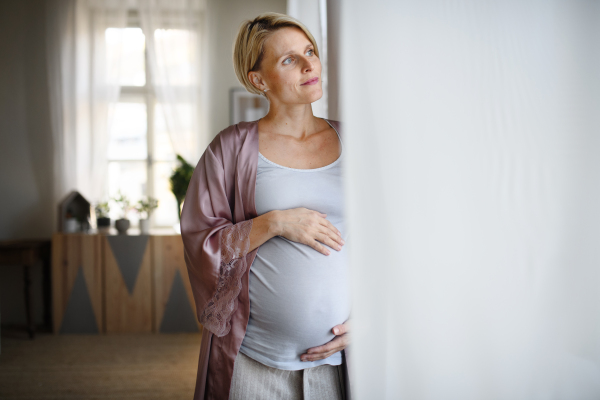 Happy pregnant woman stroking her belly at home.