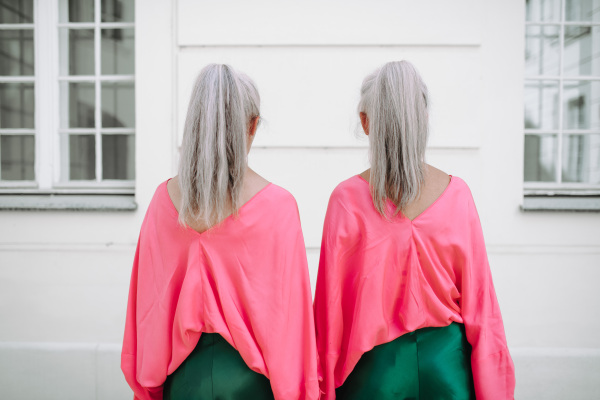 Senior women twins in colourful clothes in the city, shopping. Rear view.