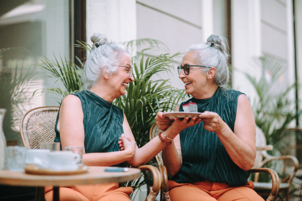 Happy senior women twins having a coffee break in city, smiling and talking.