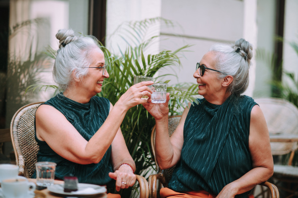 Happy senior women twins having a coffee break in city, smiling and talking.