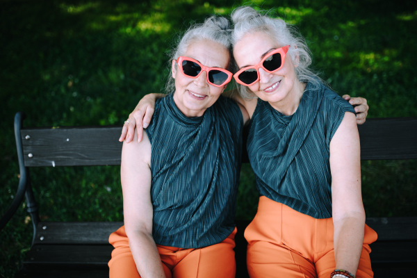 High angle view of happy senior women, twins in same clothes, smiling and posing in a city park.