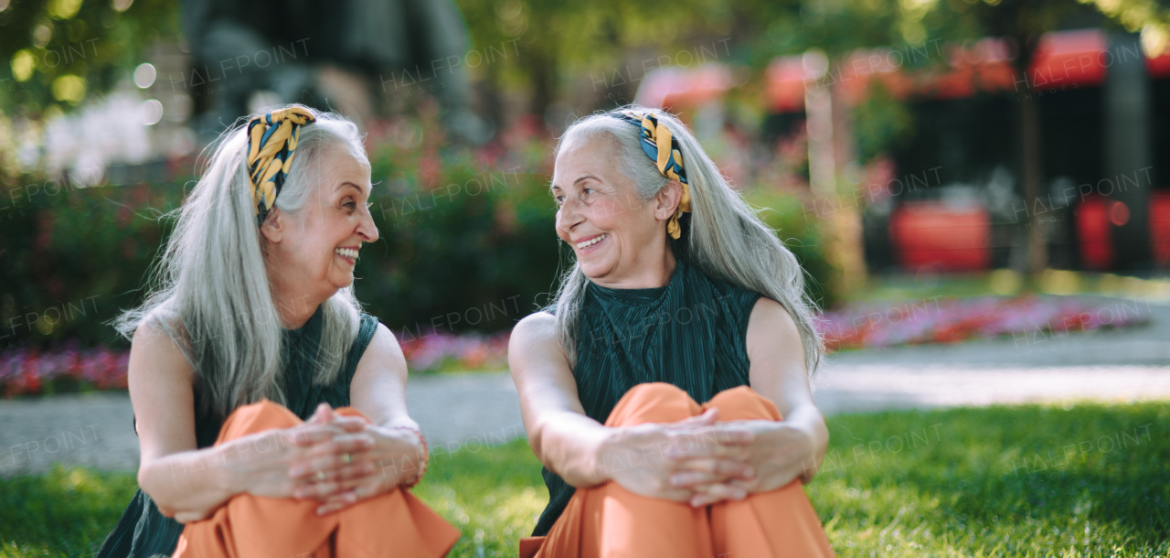 Happy seniors women, twins sitting in a city park, smiling and talking.