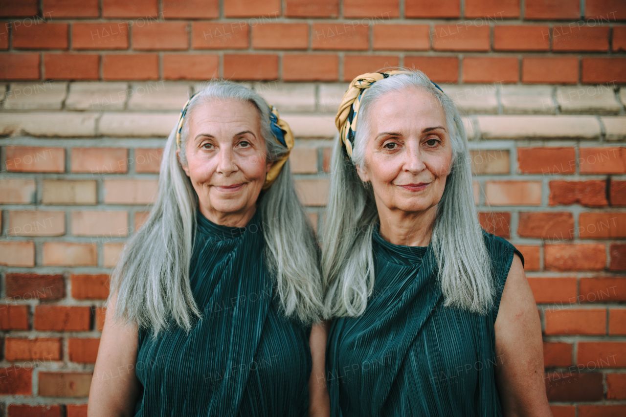 Portrait of senior women, twins,in same clothes standing back to back, outdoor in a city.