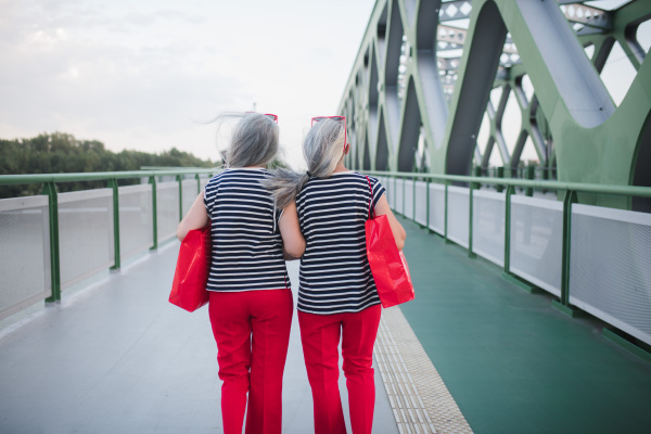 Rear view of senior twins in same clothes walking in a city, returning from shopping.