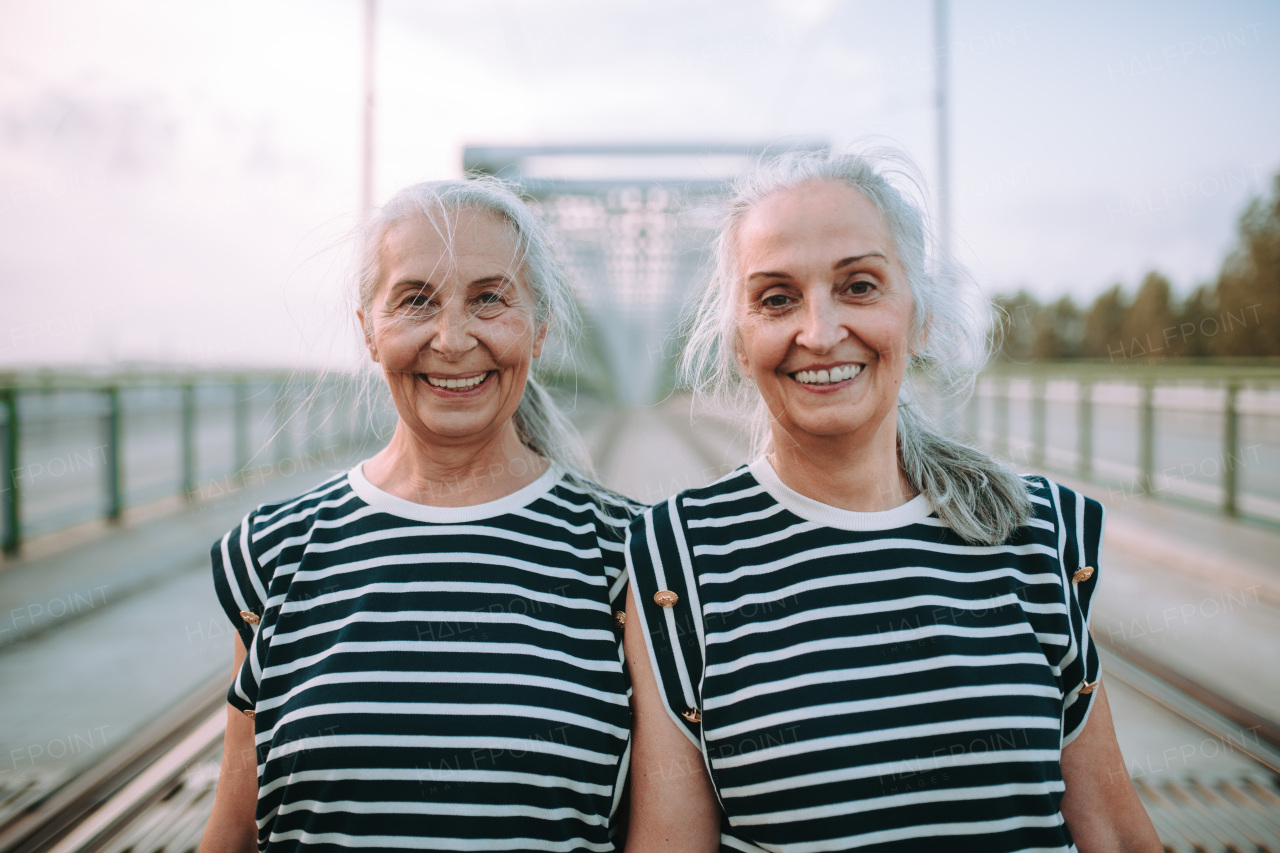 Portrait of happy seniors women, twins in the same clothes, walking on city bridge.