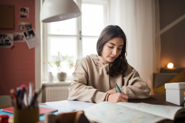 Young teenage girl studying and doing homework in her room.