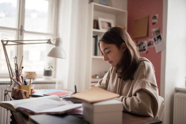 Young teenage girl studying and doing homework in her room.