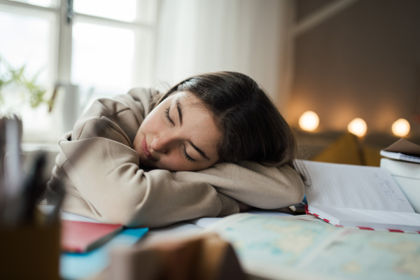 Teenage girl fall asleep during studying in the room.