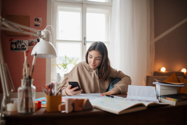 Young teenage girl studying and doing homework in her room.