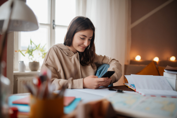 Young teenage girl studying and doing homework in her room.