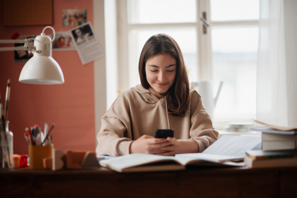 Young teenage girl studying and doing homework in her room.