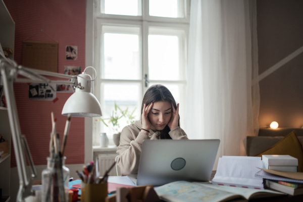 Young teenage girl studying and doing homework in her room.