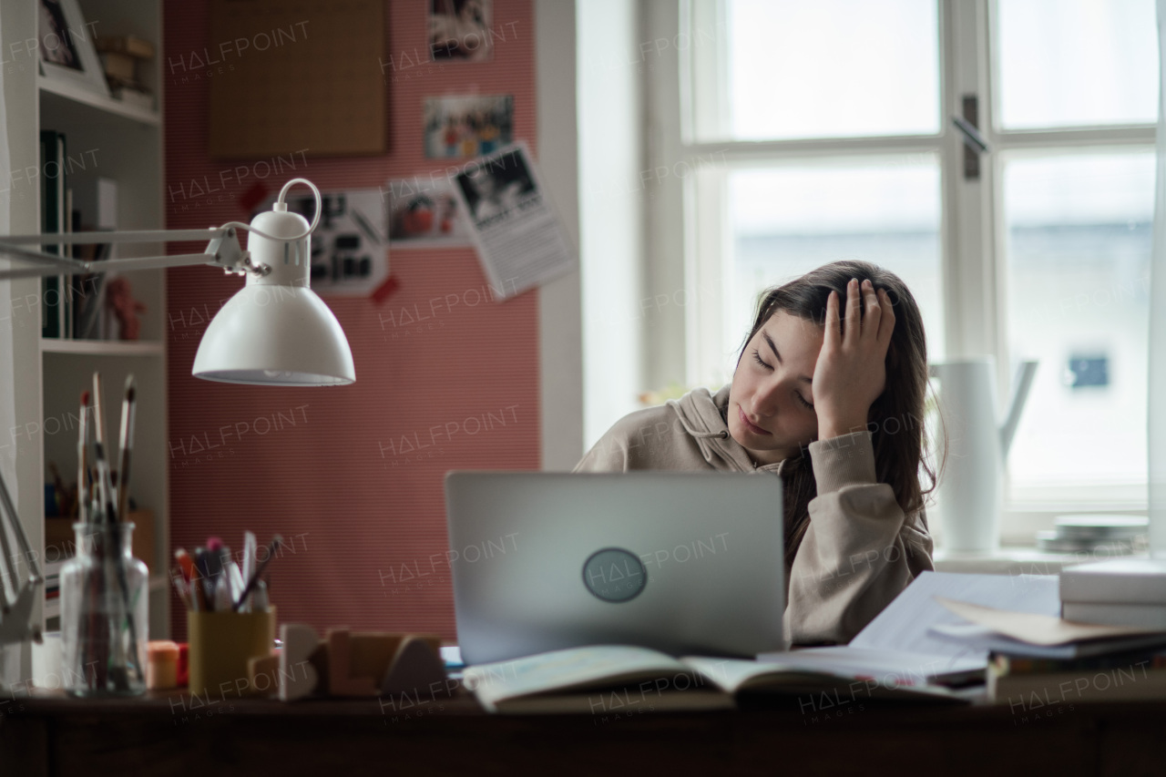 Young teenage girl studying and doing homework in her room.