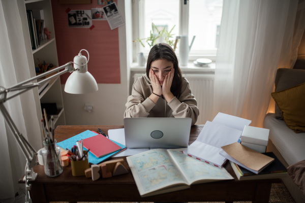 Young teenage girl studying and doing homework in her room.