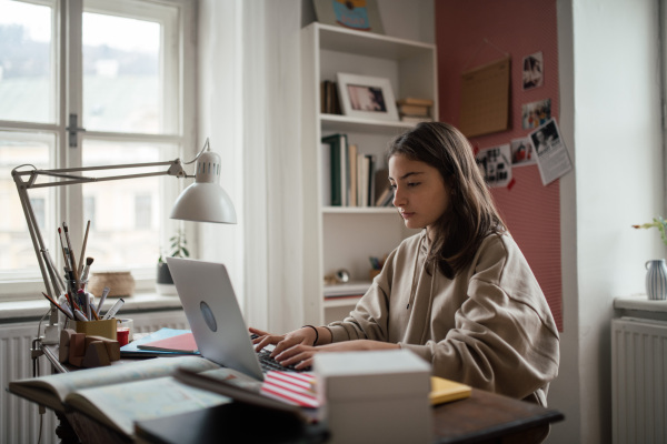 Young teenage girl studying and doing homework in her room.