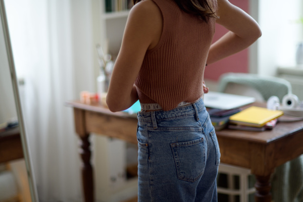 Young teenage girl looking in the mirror in the room.