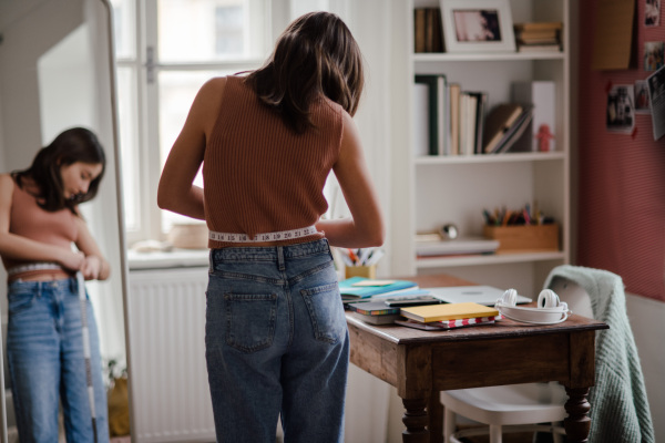 Young teenage girl looking in the mirror in the room.