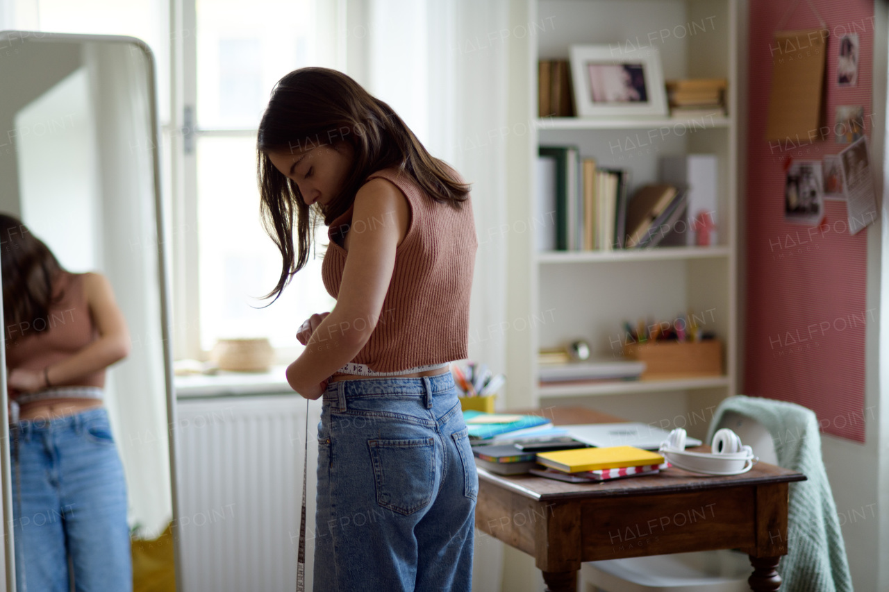 Young teenage girl looking in the mirror in the room.