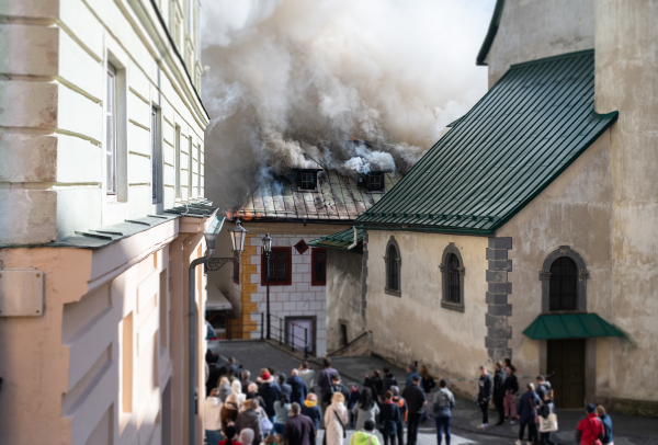 Close up of a burning old city center.