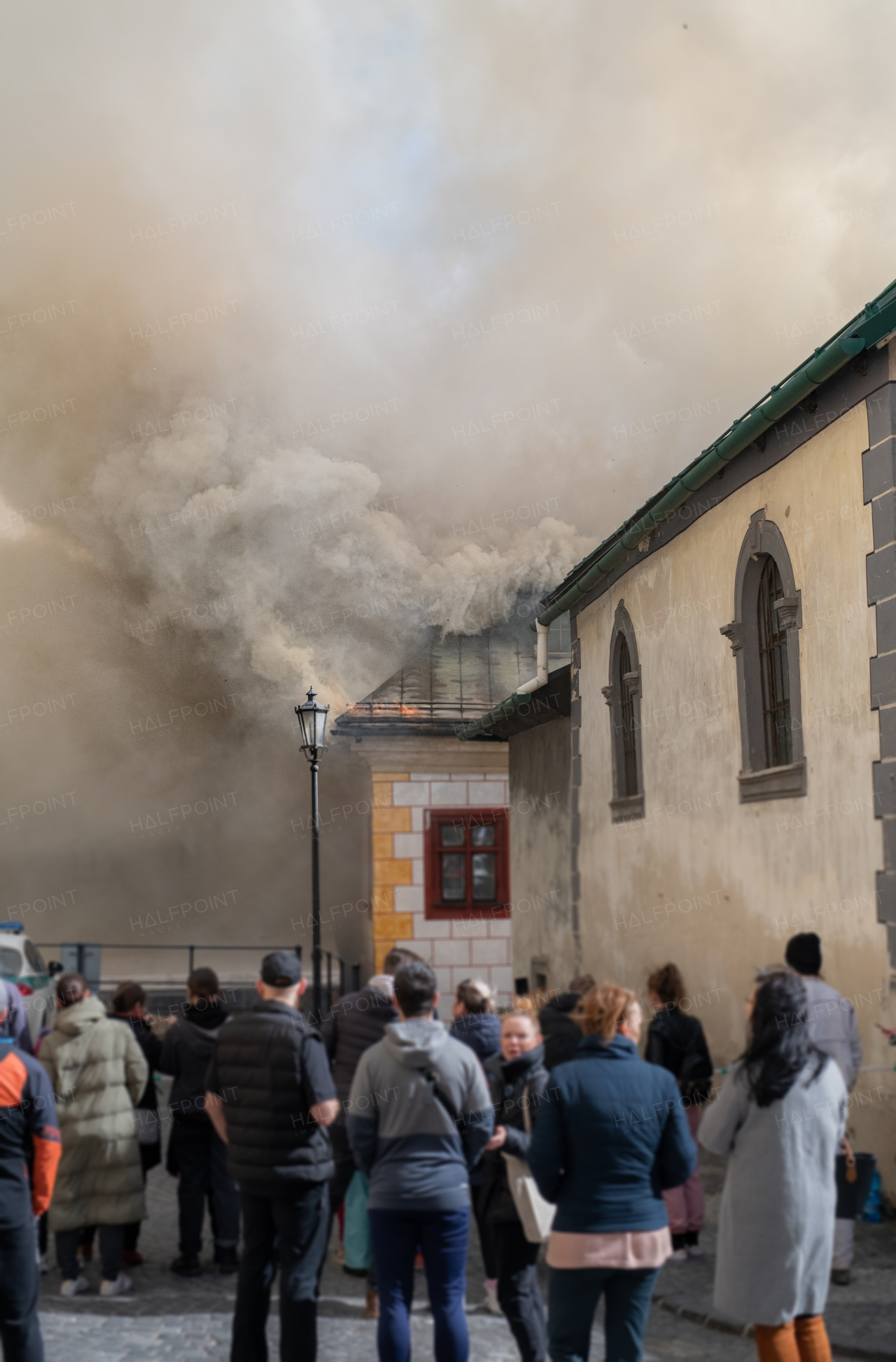 Close up of a burning old city center.