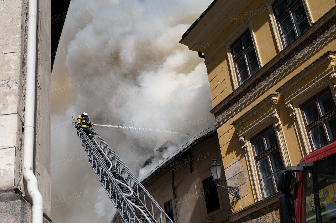 Close up of a burning old city center.