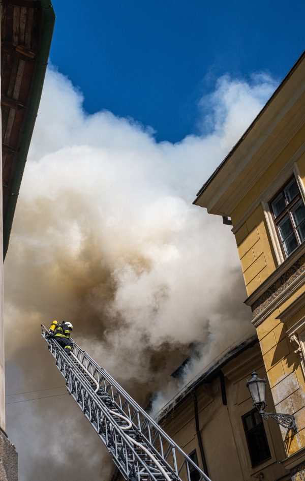 Close up of a burning old city center.