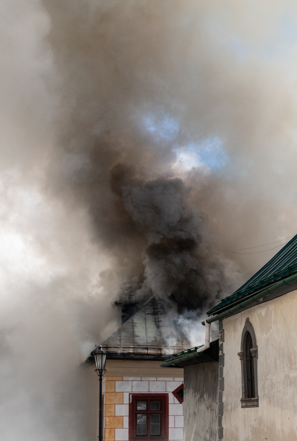 Close up of a burning old city center.