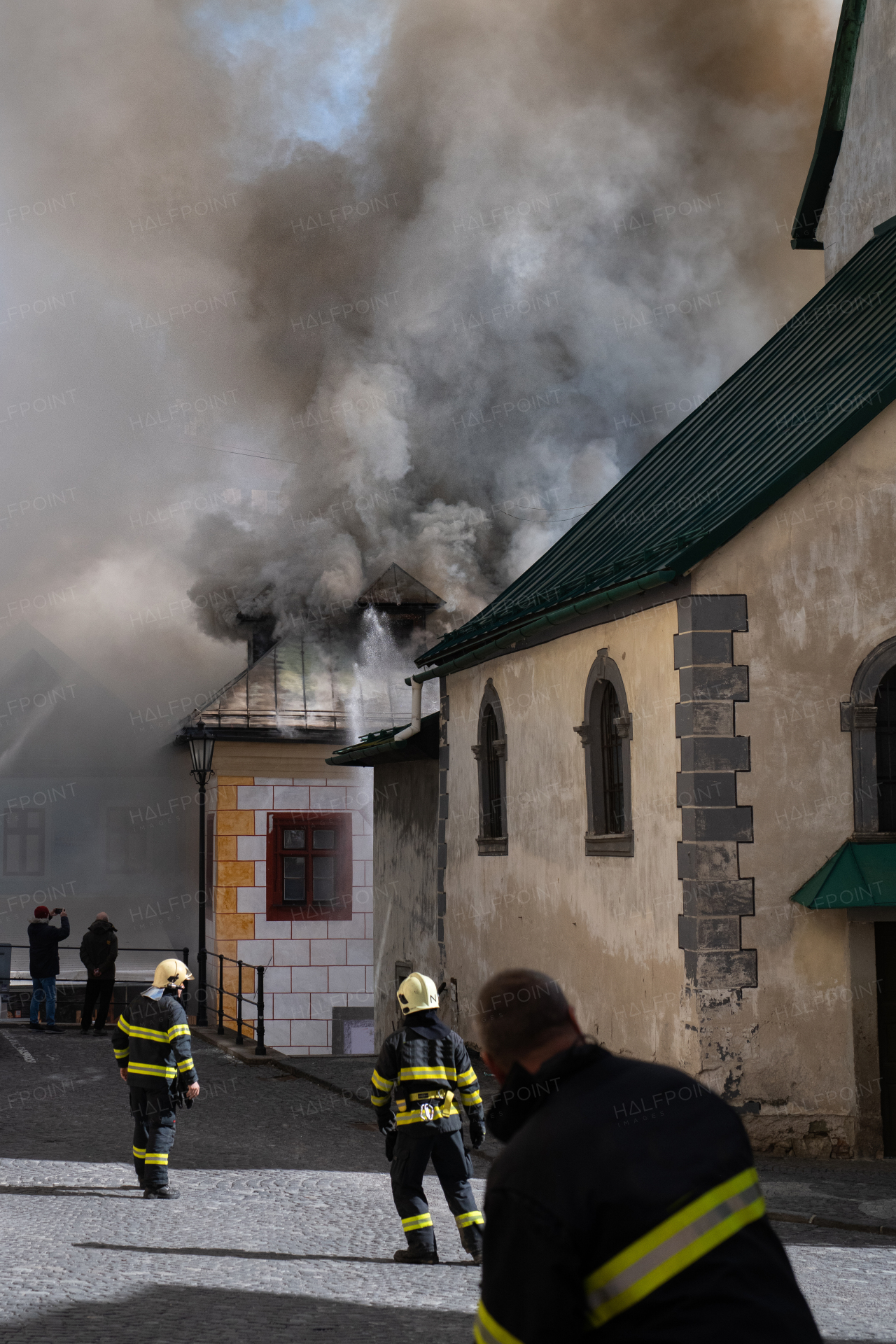 Close up of a burning old city center.