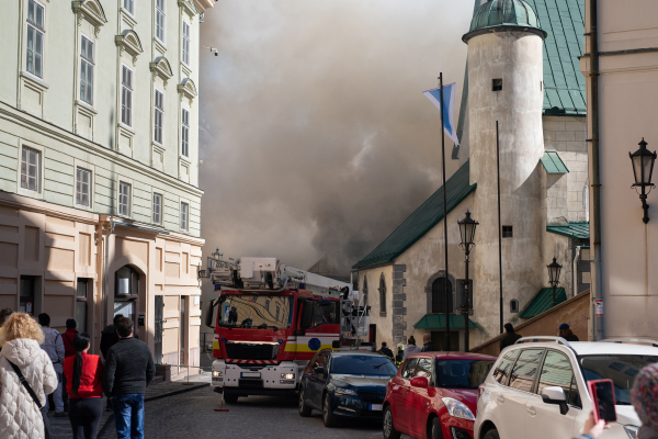 Close up of a burning old city center.