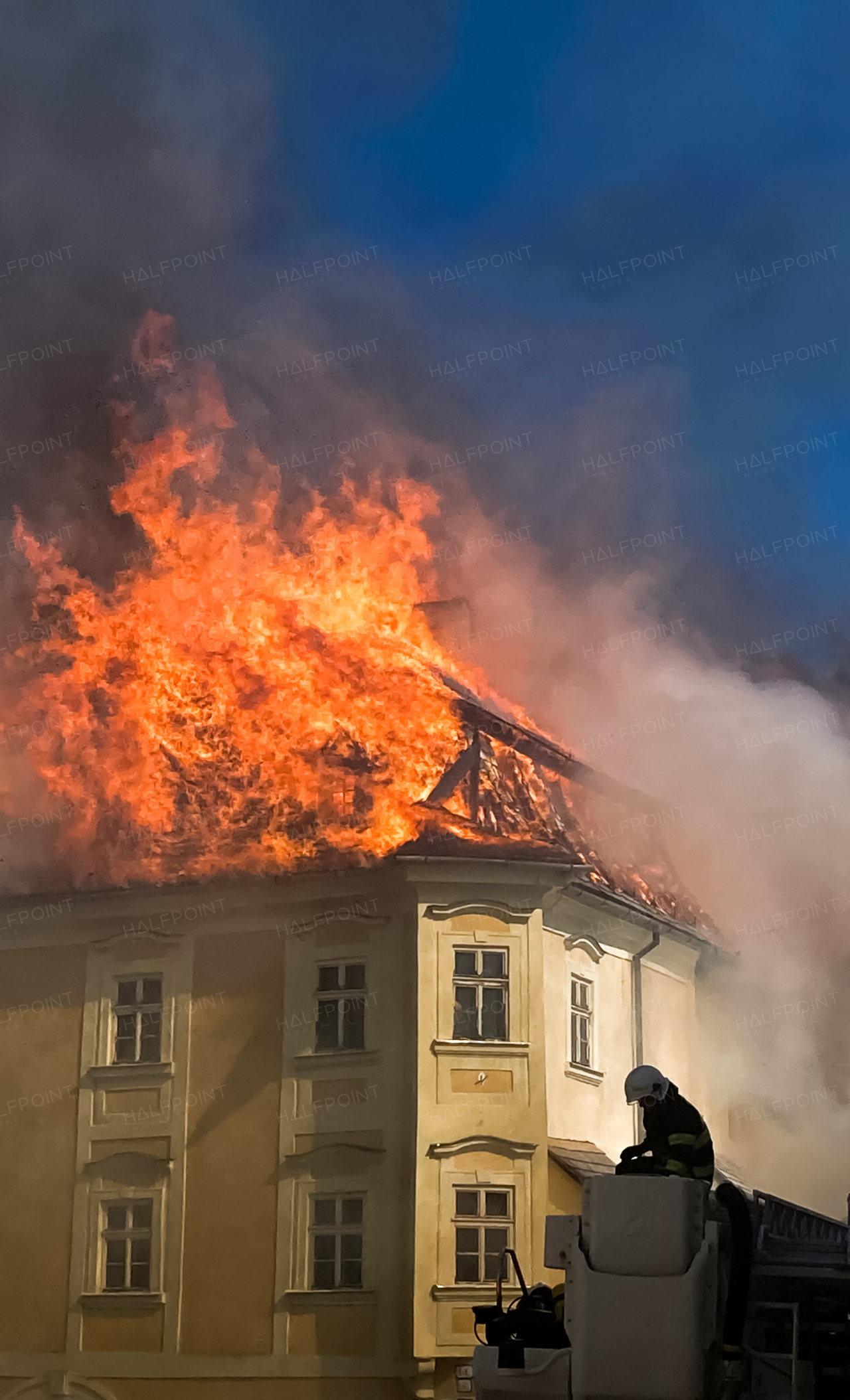 Close up of a burning old city center.