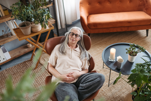 High angle view of senior woman resting in the apartment.