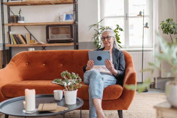 Senior woman spending her free time with a digital tablet.