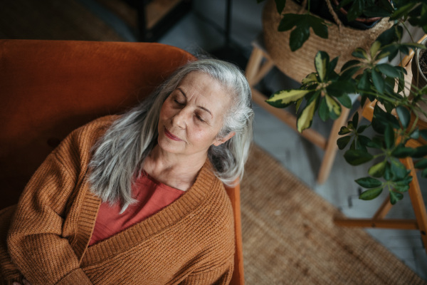 High angle view of senior woman sitting and resting in living room.