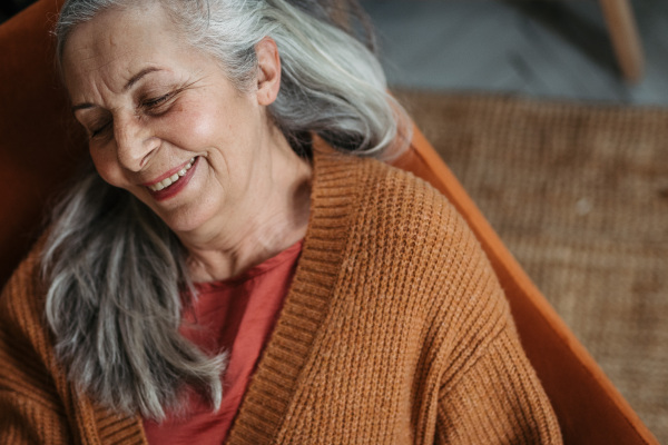 High angle view of happy senior woman sitting in living room.