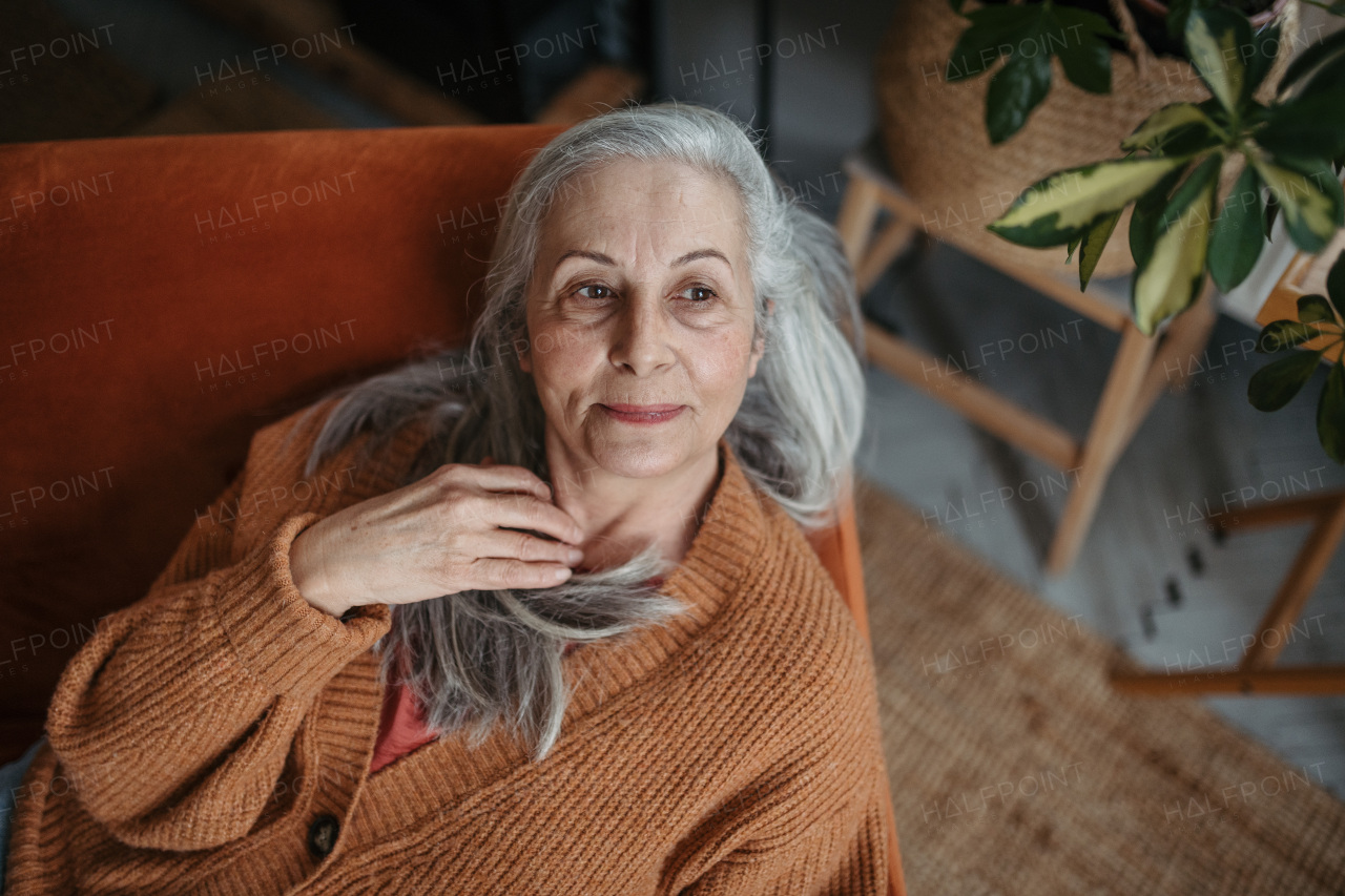 High angle view of happy senior woman sitting in living room.