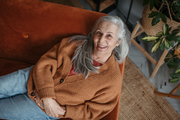 High angle view of happy senior woman sitting in living room.