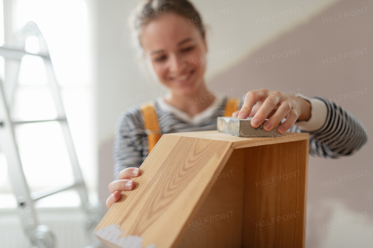 Portrait of young woman remaking shelf in her house. Concept of reusing materials and sustainable lifestyle.