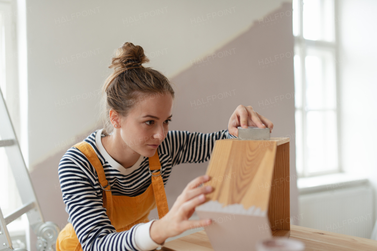 Portrait of young woman remaking shelf in her house. Concept of reusing materials and sustainable lifestyle.