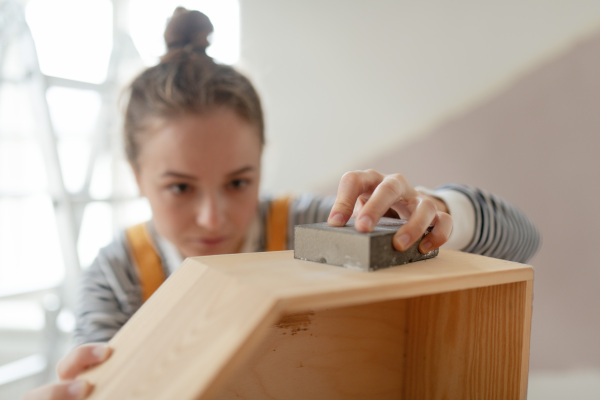 Portrait of young woman remaking shelf in her house. Concept of reusing materials and sustainable lifestyle.