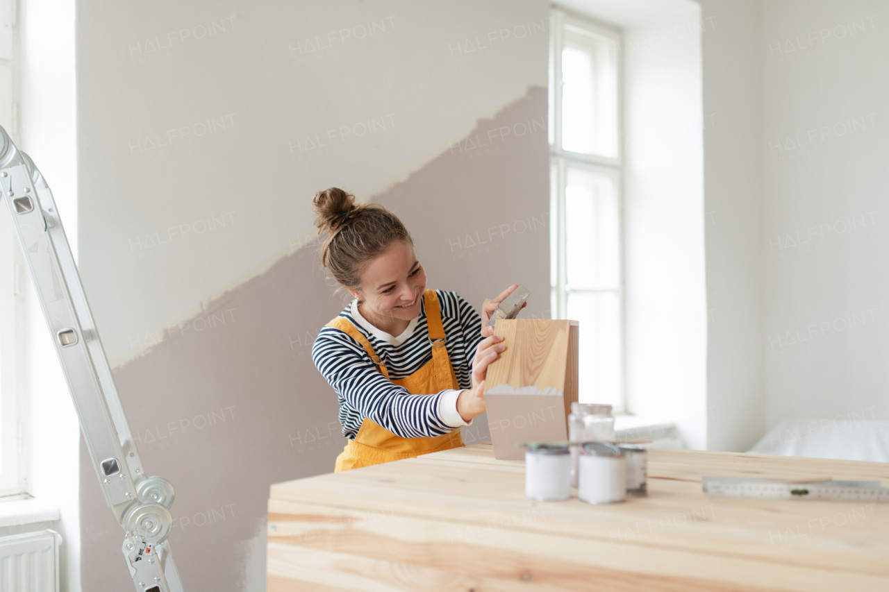 Portrait of young woman remaking shelf in her house. Concept of reusing materials and sustainable lifestyle.