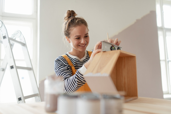 Portrait of young woman remaking shelf in her house. Concept of reusing materials and sustainable lifestyle.