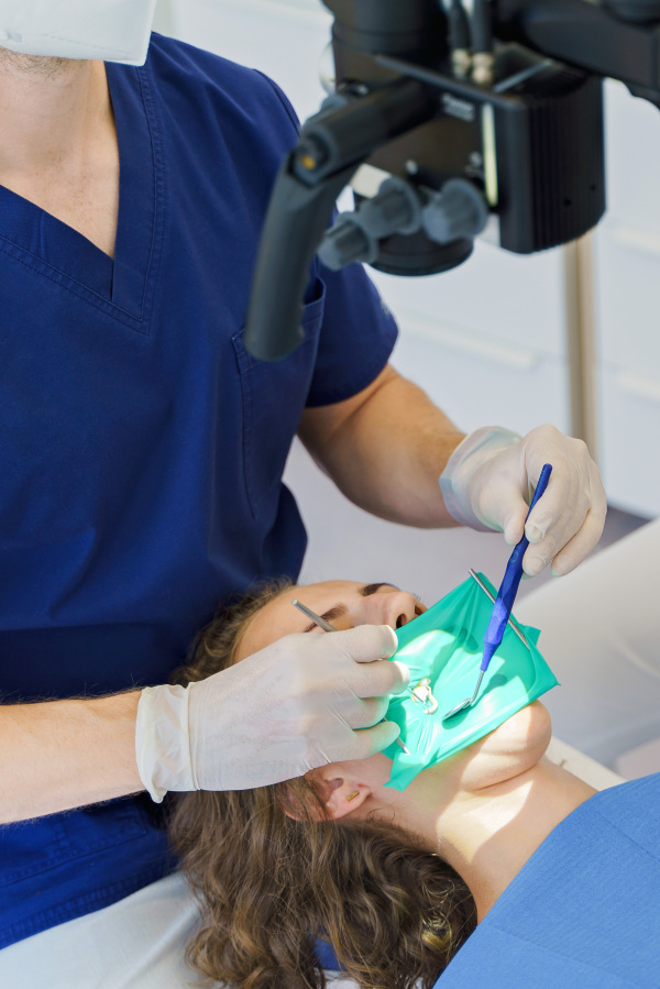 High angle view of dental examination in an ambulance.