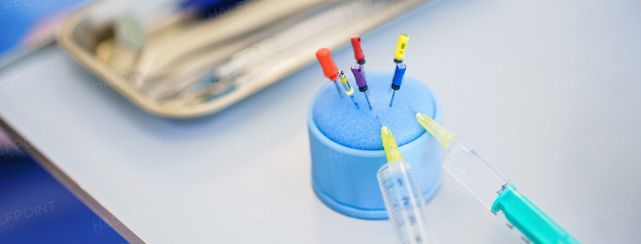 Close-up of dentist tools and syringes at an ambulance.