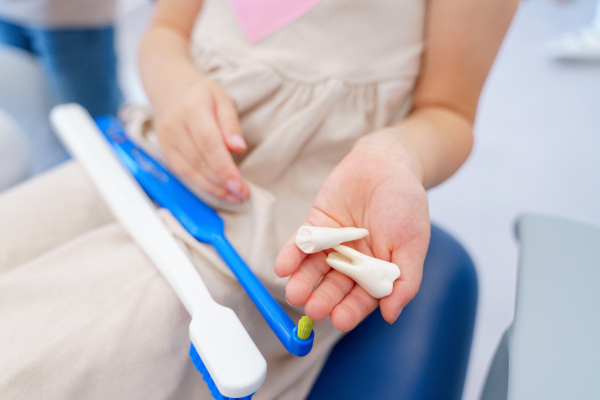 Close-up of little girl holding model of tootbrushes and plastic teeth, concept of a children oral hygiene,prevention and dental health.