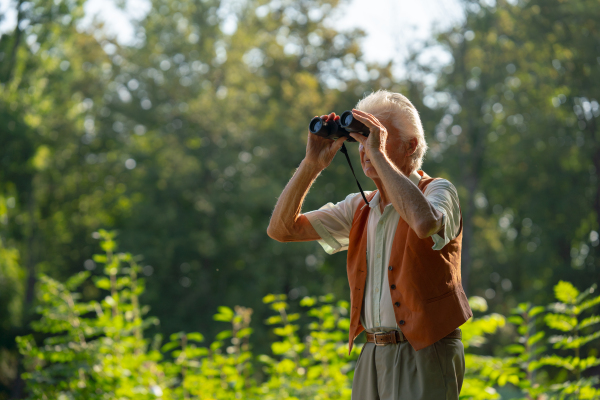 Senior man spending free time outdoors in nature, watching forest animals through binoculars. A retired forest ranger feeling at home in forest, monitoring wildlife and ecological changes.