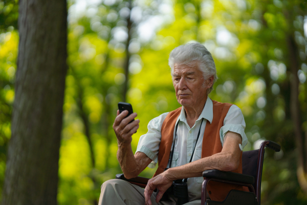 Senior man in wheelchair shopping online on a smartphone. The risk of online shopping scams targeting older people.