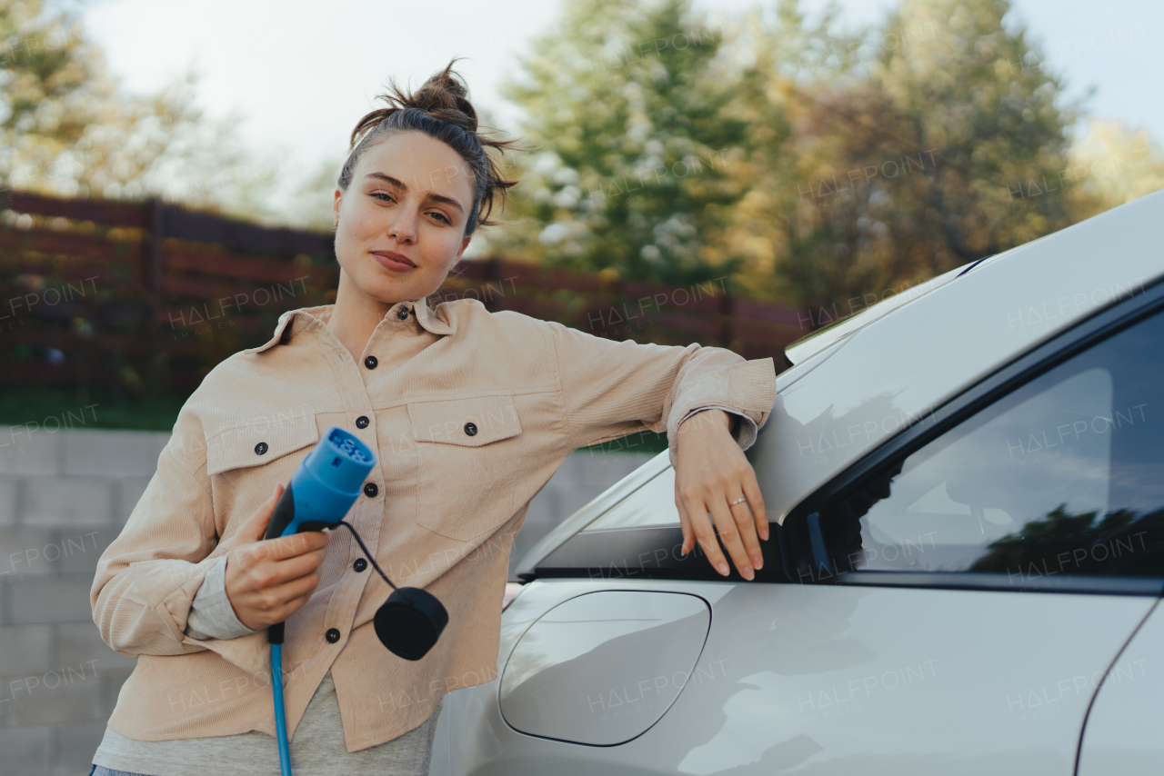 Young woman holding power supply cable from her car, prepared for charging it in home, sustainable and economic transportation concept.