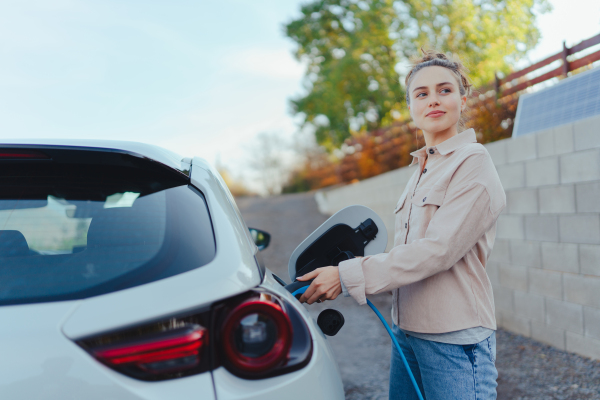 Young woman chargingher car in home, sustainable and economic transportation concept.